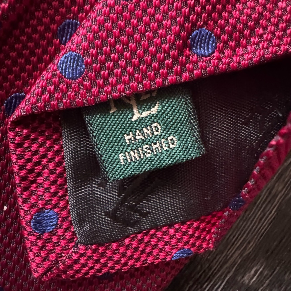 Lauren Ralph Lauren Blue & Red Polka Dot Linen Silk Blend Tie - Picture 8 of 8